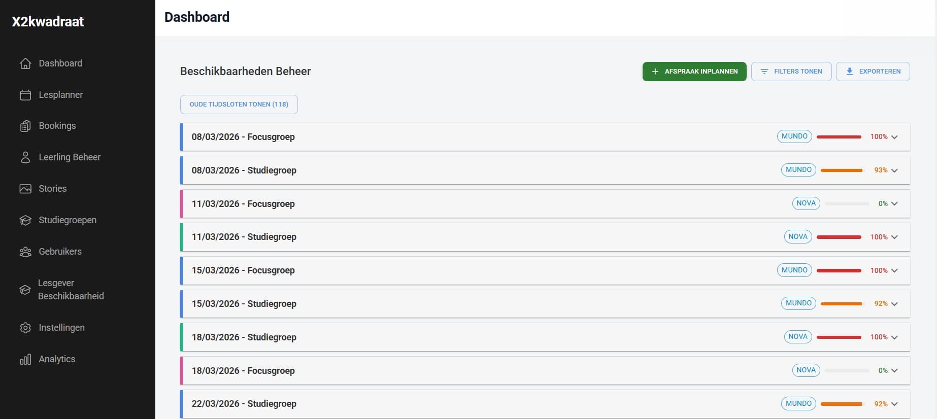 Dashboard van X2Kwadraat met overzicht van boekingen en planning